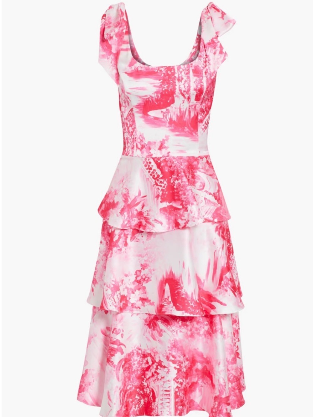 NWT MARCHESA NOTTE Bow-embellished tiered printed satin dress - Picture 14 of 14